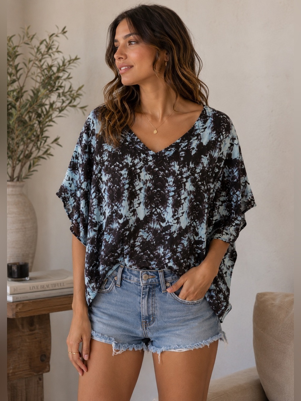 Gentle Fawn Black and Light Blue Patterned Blouse Size M Boho Oversized Flowy